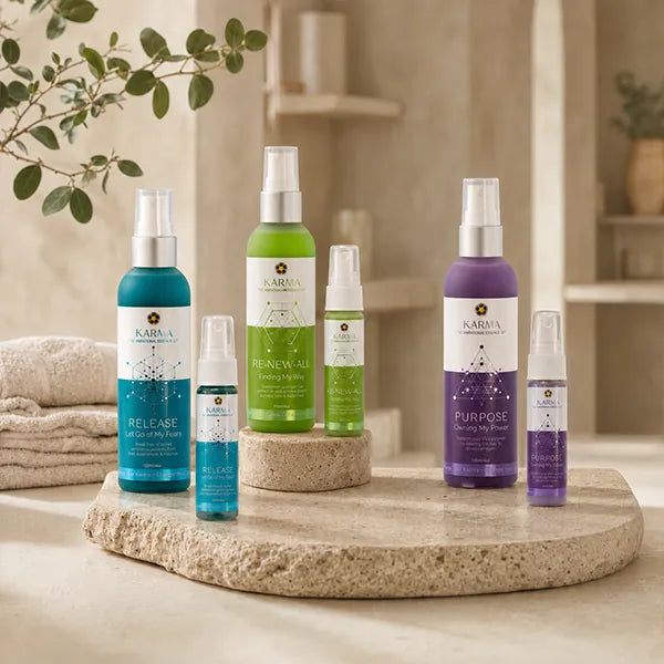 Karma sprays arranged in a spa setting